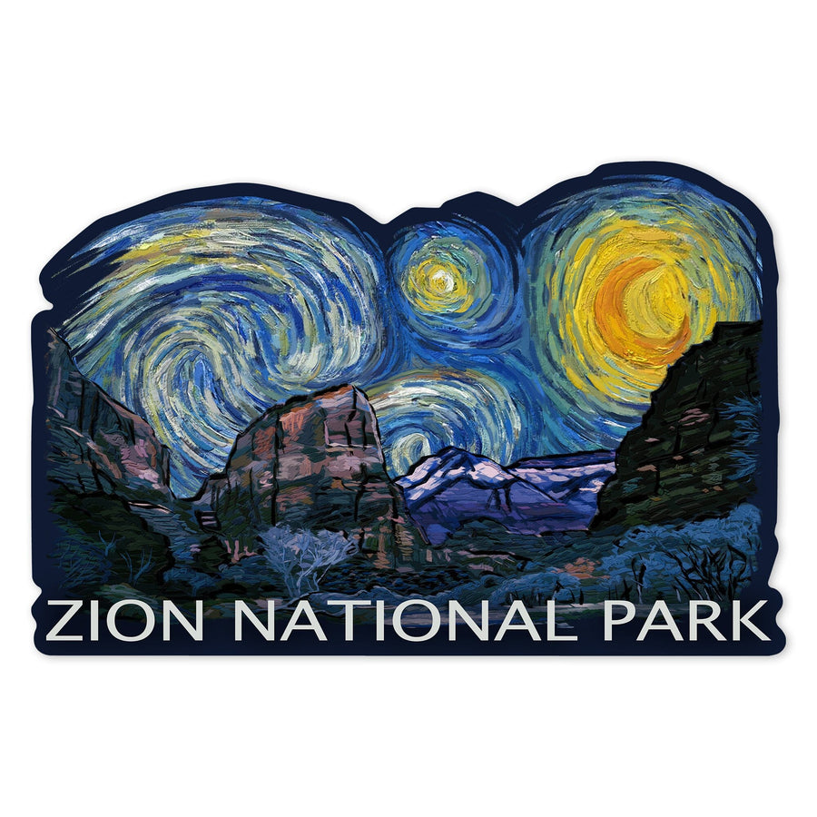 Zion National Park, Utah, Starry Night National Park Series, Contour, Lantern Press Artwork, Vinyl Sticker Sticker Lantern Press