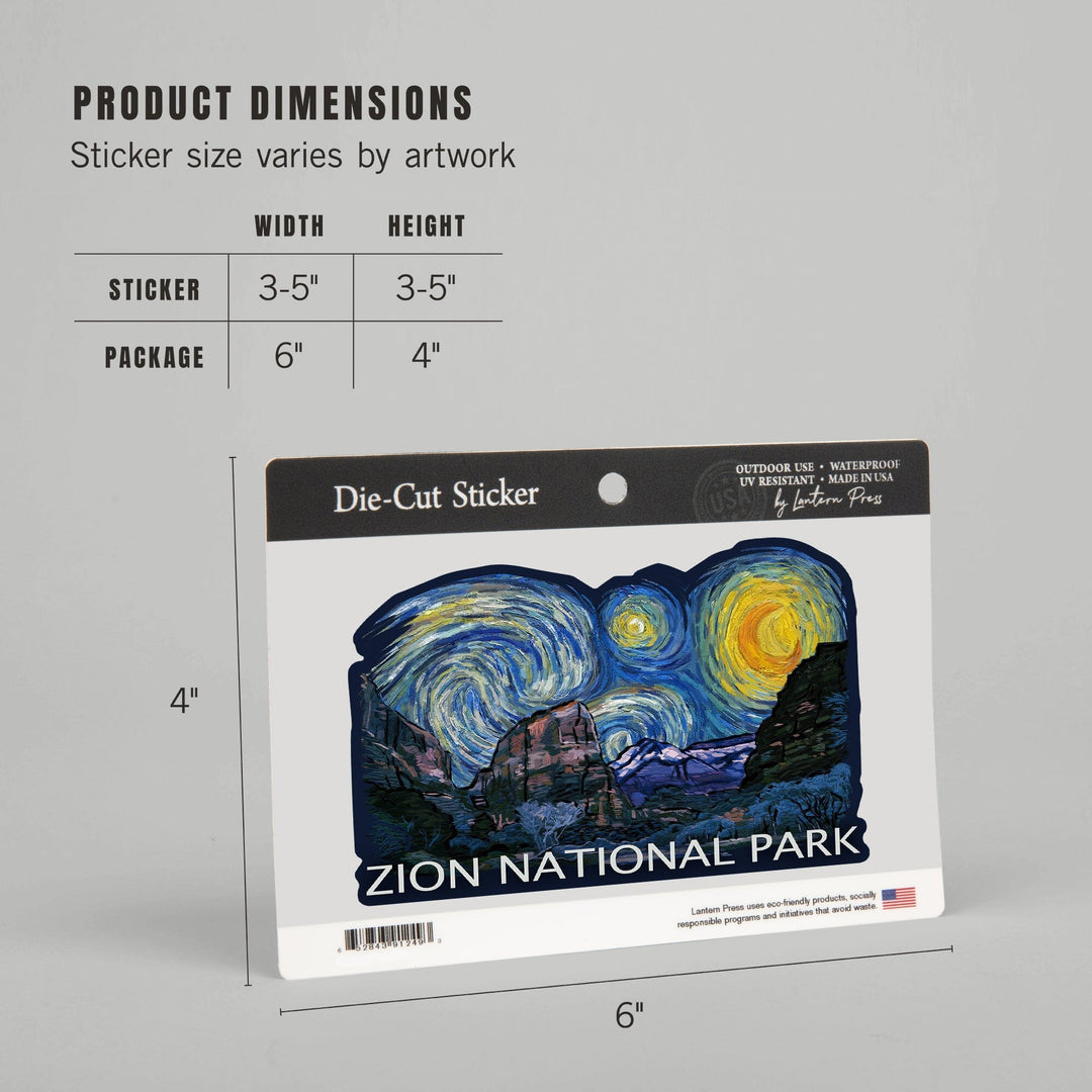 Zion National Park, Utah, Starry Night National Park Series, Contour, Lantern Press Artwork, Vinyl Sticker Sticker Lantern Press