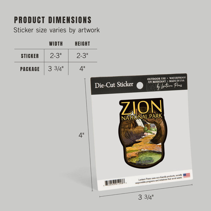 Zion National Park, Utah, The Subway, Contour, Lantern Press Artwork, Vinyl Sticker Sticker Lantern Press