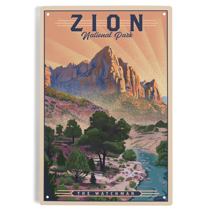 Zion National Park, Utah, The Watchman, Lithograph National Park Series, Metal Signs Metal Lantern Press