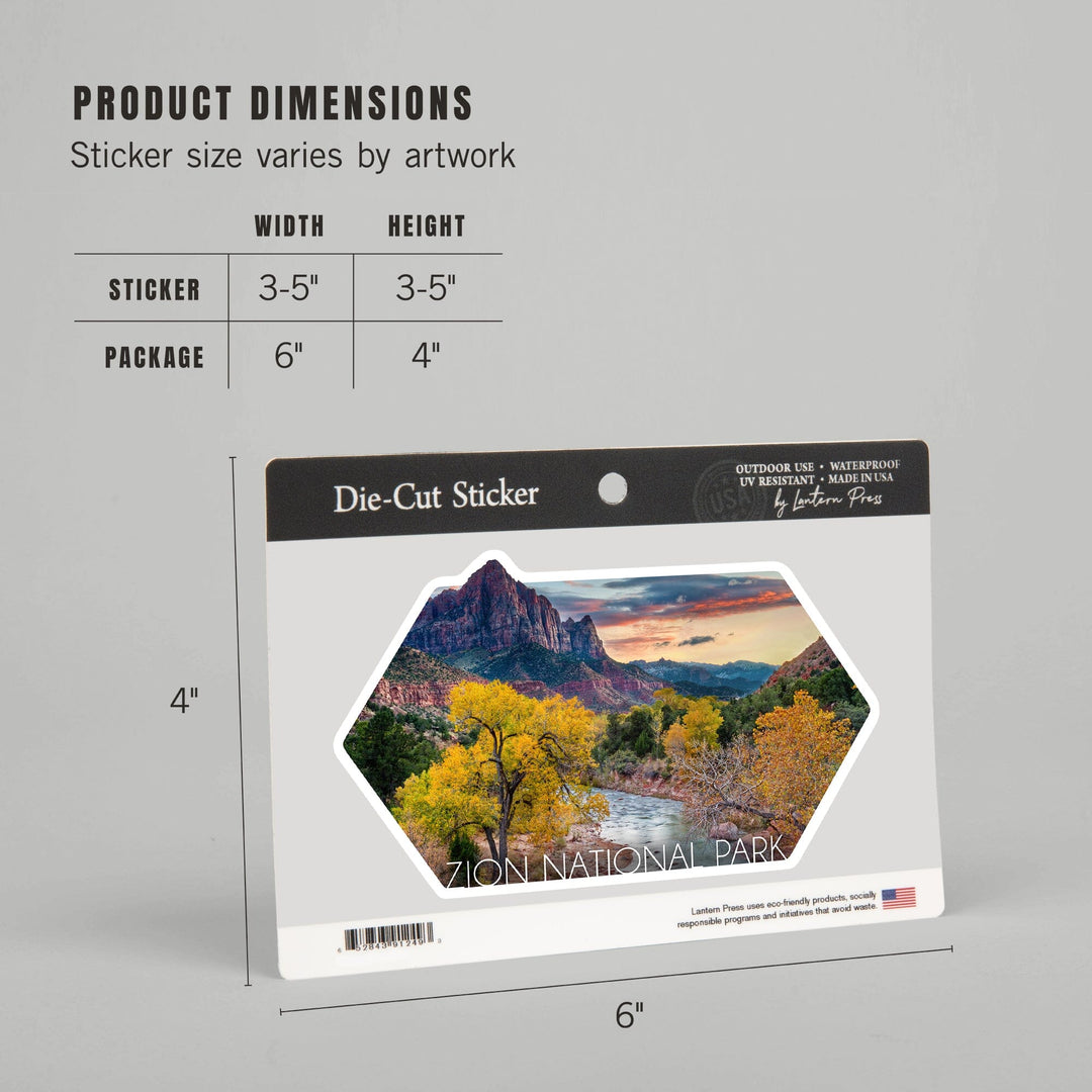 Zion National Park, Utah, Watchman & the Virgin River, Contour, Lantern Press Photography, Vinyl Sticker Sticker Lantern Press