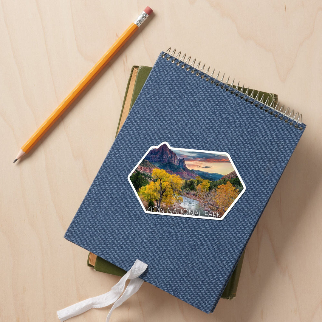 Zion National Park, Utah, Watchman & the Virgin River, Contour, Lantern Press Photography, Vinyl Sticker Sticker Lantern Press