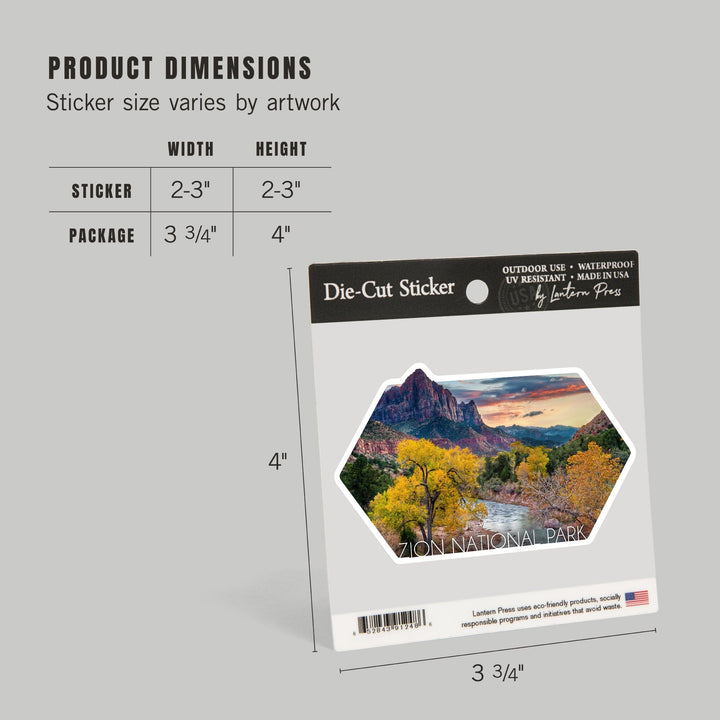 Zion National Park, Utah, Watchman & the Virgin River, Contour, Lantern Press Photography, Vinyl Sticker Sticker Lantern Press