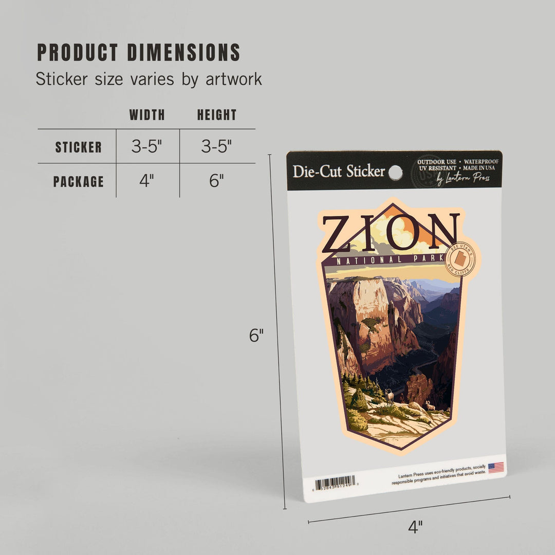 Zion National Park, Utah, Zion Canyon Sunset, Contour, Lantern Press Artwork, Vinyl Sticker Sticker Lantern Press