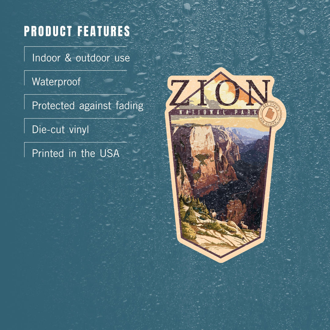 Zion National Park, Utah, Zion Canyon Sunset, Contour, Lantern Press Artwork, Vinyl Sticker Sticker Lantern Press