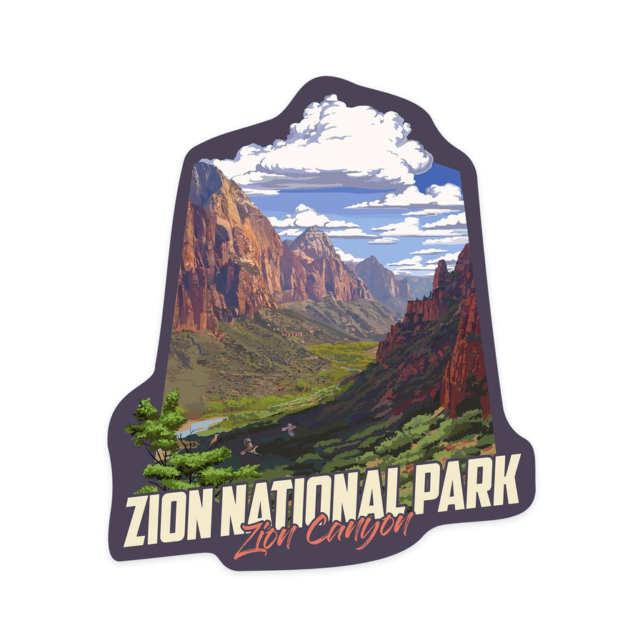 Zion National Park, Utah, Zion Canyon View, Contour, Lantern Press Artwork, Vinyl Sticker Sticker Lantern Press