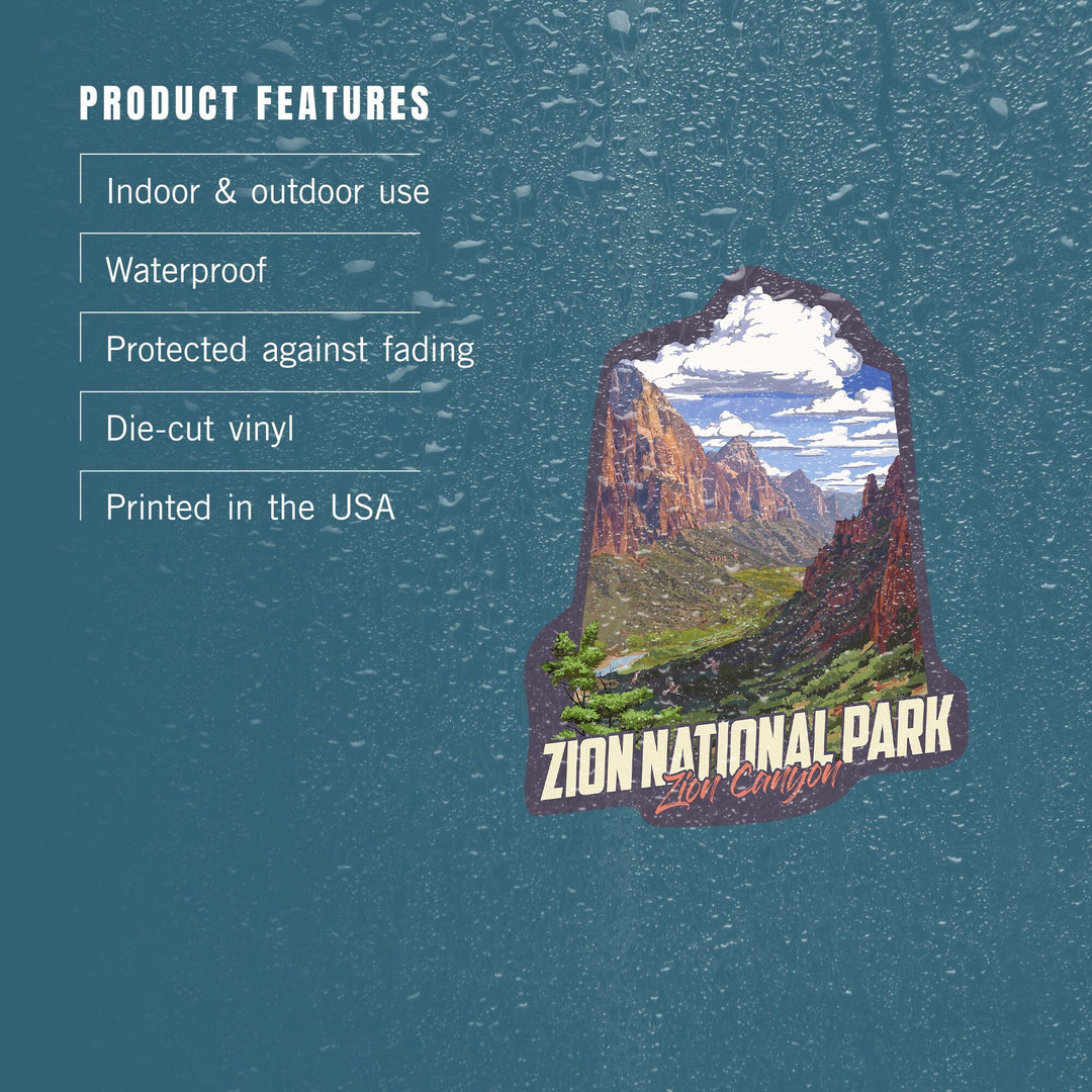 Zion National Park, Utah, Zion Canyon View, Contour, Lantern Press Artwork, Vinyl Sticker Sticker Lantern Press