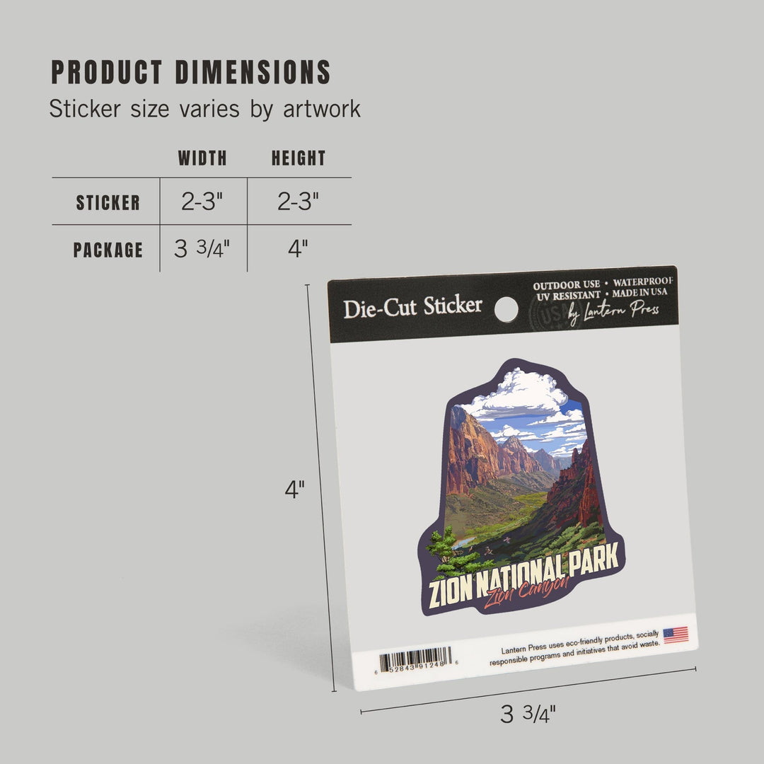 Zion National Park, Utah, Zion Canyon View, Contour, Lantern Press Artwork, Vinyl Sticker Sticker Lantern Press