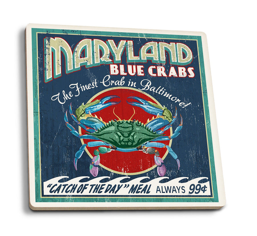 Baltimore, Maryland, Blue Crabs Vintage Sign, Lantern Press Artwork, Coaster Set Coasters Lantern Press 