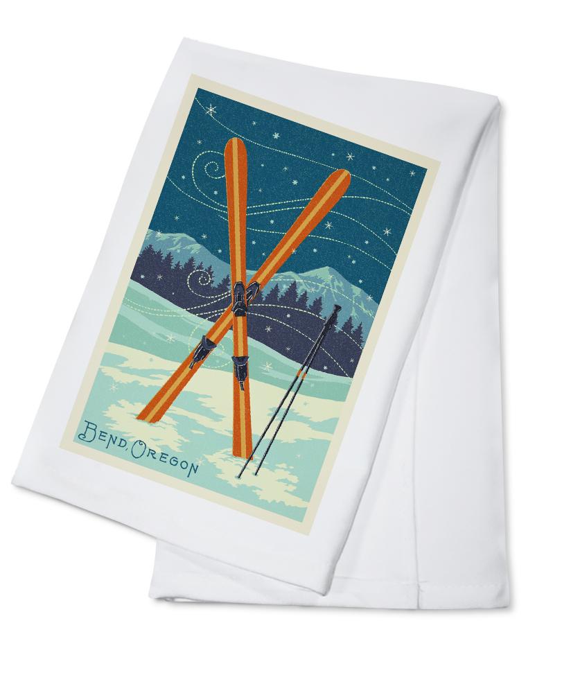 Bend, Oregon, Crossed Skis, Letterpress, Lantern Press Artwork, Towels and Aprons Kitchen Lantern Press 