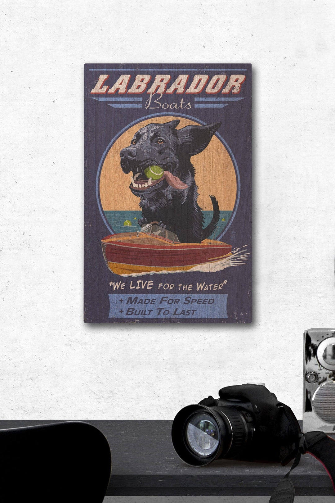 Black Labrador, Retro Boats Ad, Lantern Press Artwork, Wood Signs and Postcards - Lantern Press