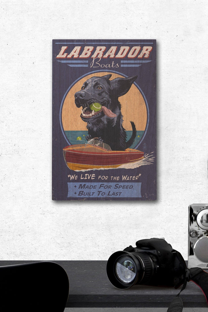Black Labrador, Retro Boats Ad, Lantern Press Artwork, Wood Signs and Postcards - Lantern Press