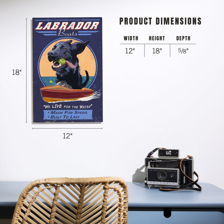 Black Labrador, Retro Boats Ad, Lantern Press Artwork, Wood Signs and Postcards - Lantern Press
