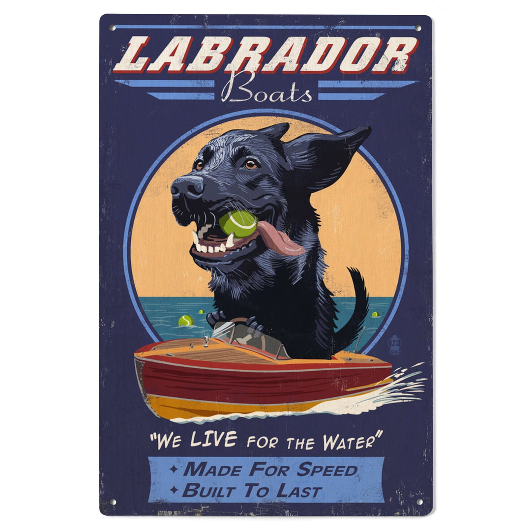 Black Labrador, Retro Boats Ad, Lantern Press Artwork, Wood Signs and Postcards - Lantern Press