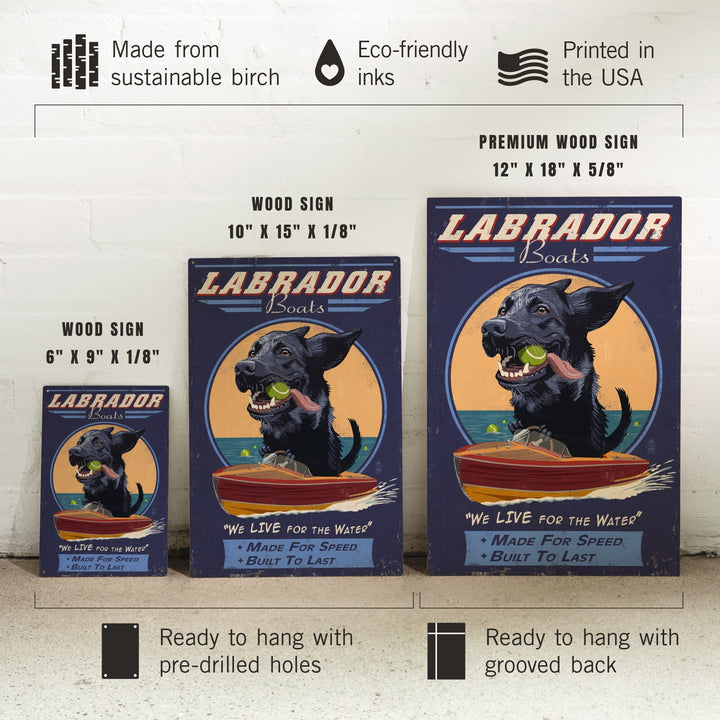 Black Labrador, Retro Boats Ad, Lantern Press Artwork, Wood Signs and Postcards - Lantern Press