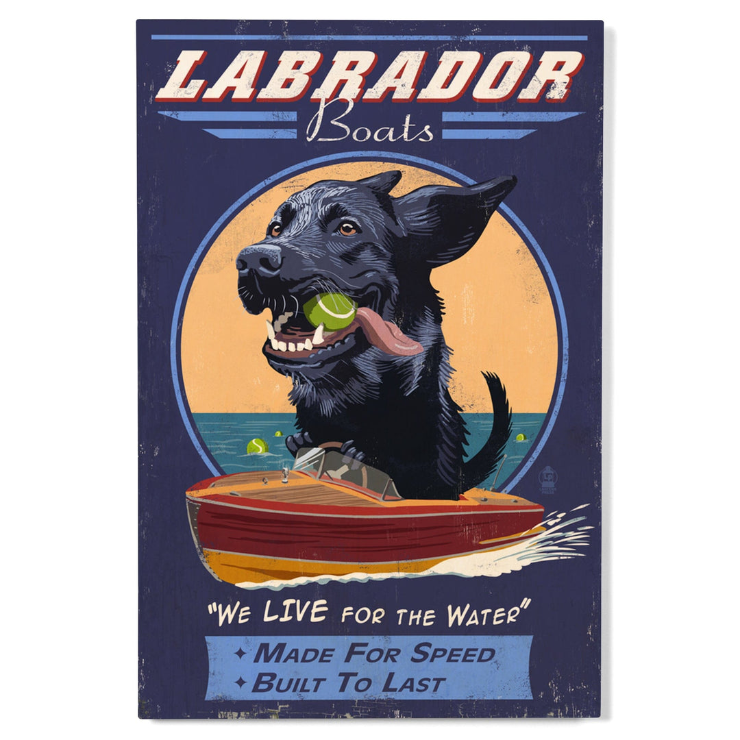 Black Labrador, Retro Boats Ad, Lantern Press Artwork, Wood Signs and Postcards - Lantern Press