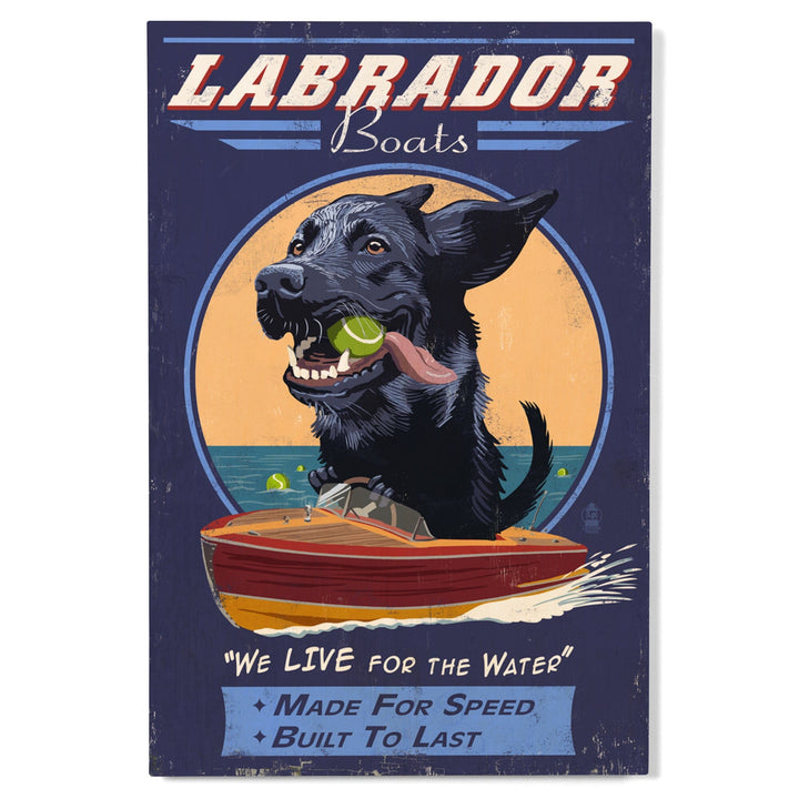Black Labrador, Retro Boats Ad, Lantern Press Artwork, Wood Signs and Postcards - Lantern Press
