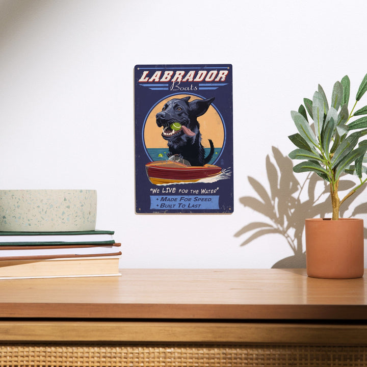 Black Labrador, Retro Boats Ad, Lantern Press Artwork, Wood Signs and Postcards - Lantern Press