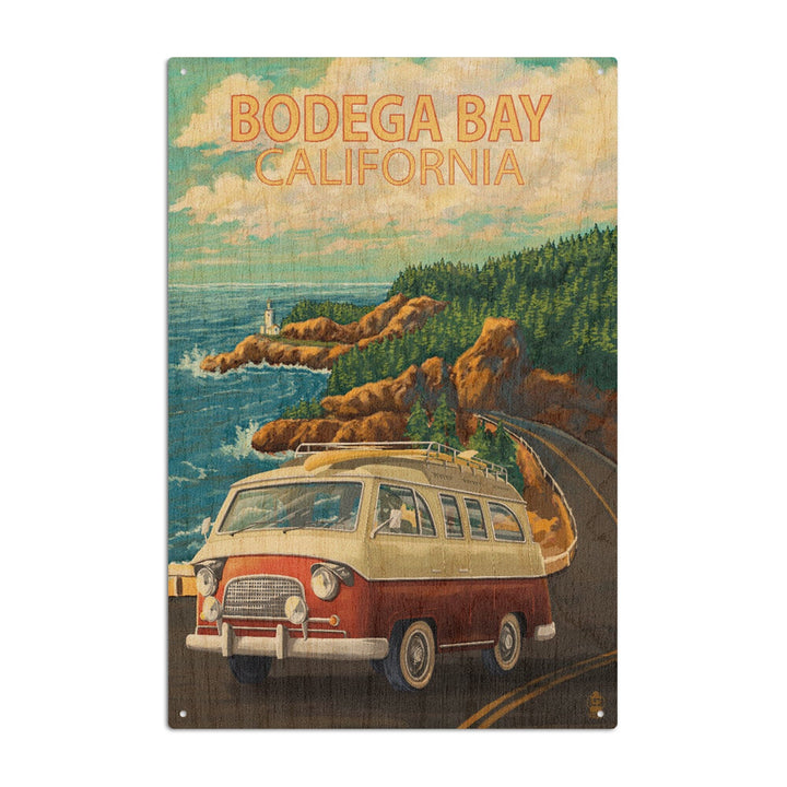 Bodega Bay, California, Camper Van, Lantern Press Artwork, Wood Signs and Postcards - Lantern Press