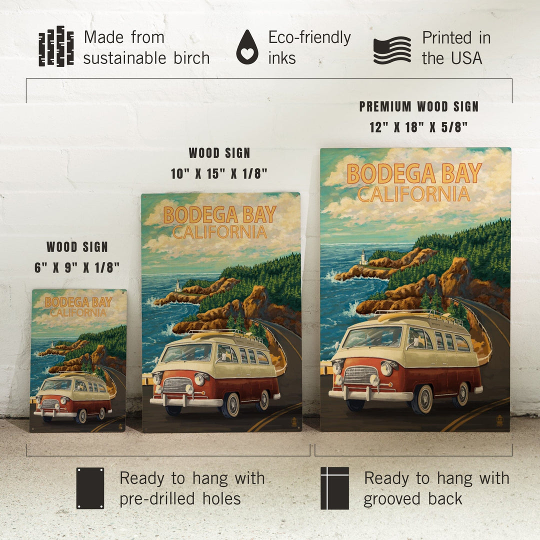 Bodega Bay, California, Camper Van, Lantern Press Artwork, Wood Signs and Postcards - Lantern Press