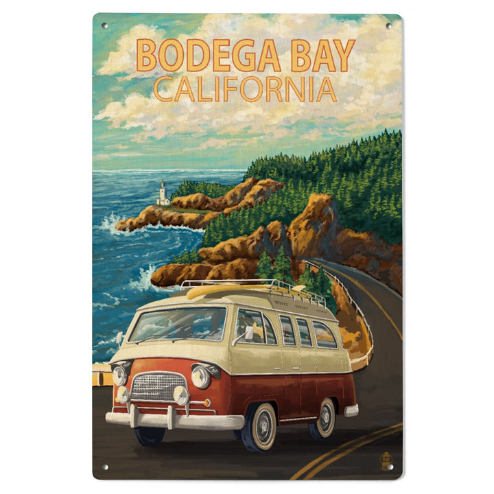 Bodega Bay, California, Camper Van, Lantern Press Artwork, Wood Signs and Postcards - Lantern Press
