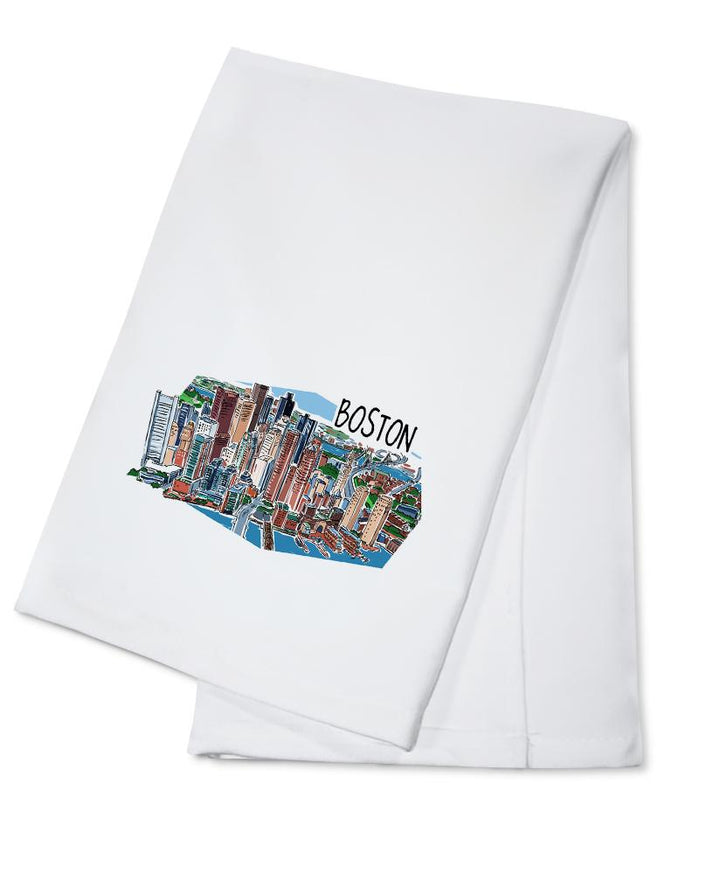 Boston, Massachusetts, Line Drawing, Contour, Organic Cotton Kitchen Tea Towels - Lantern Press