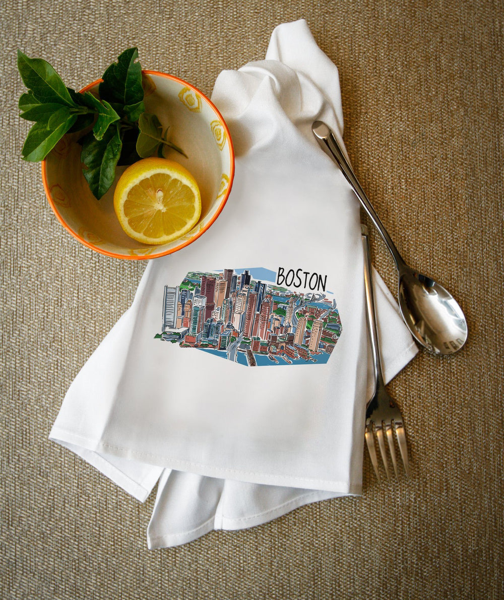 Boston, Massachusetts, Line Drawing, Contour, Organic Cotton Kitchen Tea Towels - Lantern Press