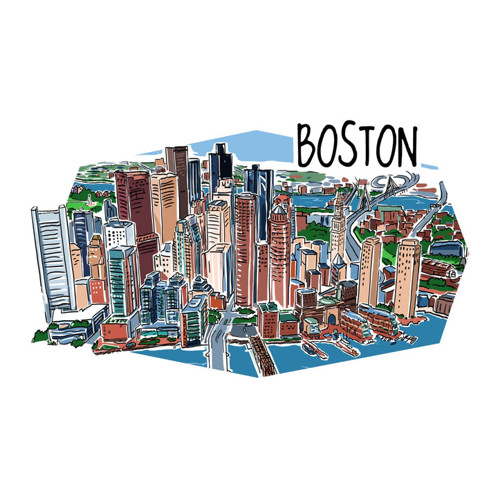 Boston, Massachusetts, Line Drawing, Contour, Organic Cotton Kitchen Tea Towels - Lantern Press