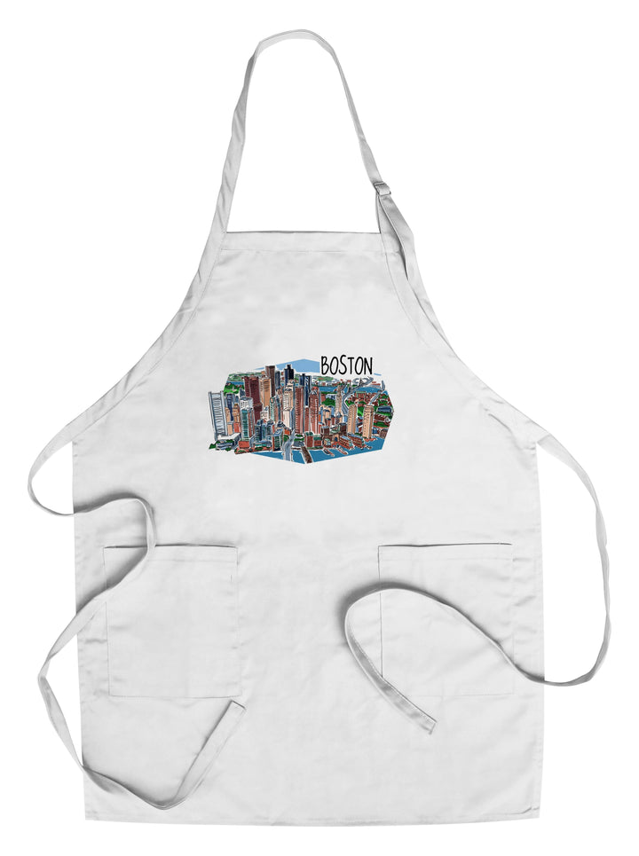 Boston, Massachusetts, Line Drawing, Contour, Organic Cotton Kitchen Tea Towels - Lantern Press