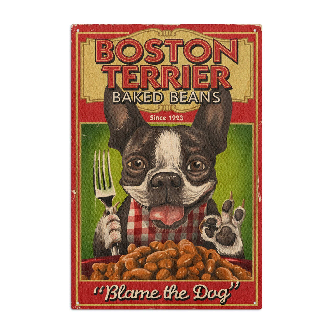 Boston Terrier, Retro Baked Beans Ad, Lantern Press Artwork, Wood Signs and Postcards - Lantern Press