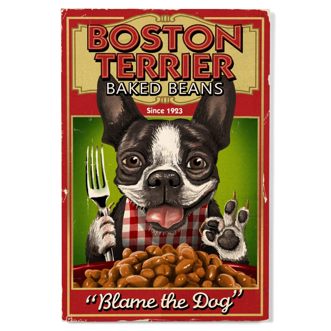 Boston Terrier, Retro Baked Beans Ad, Lantern Press Artwork, Wood Signs and Postcards - Lantern Press