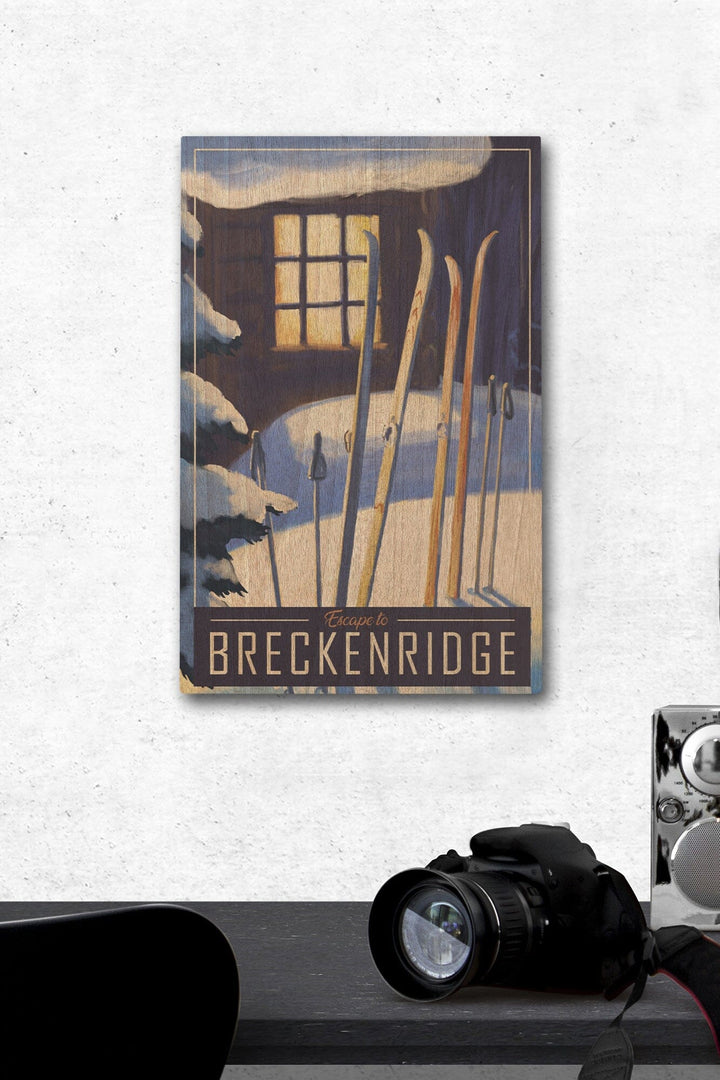 Breckenridge, Colorado, Skis Outside Cabin, Lantern Press Artwork, Wood Signs and Postcards - Lantern Press