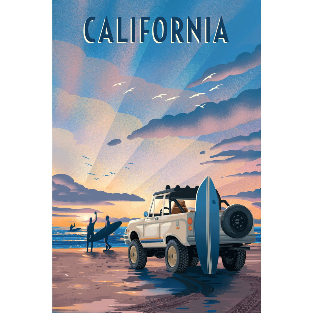California, Beach Lithograph, Organic Cotton Kitchen Tea Towels - Lantern Press