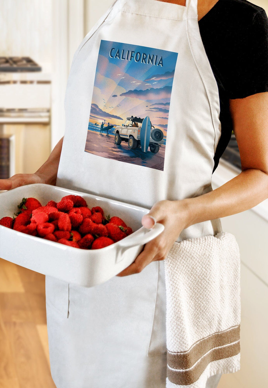 California, Beach Lithograph, Organic Cotton Kitchen Tea Towels - Lantern Press