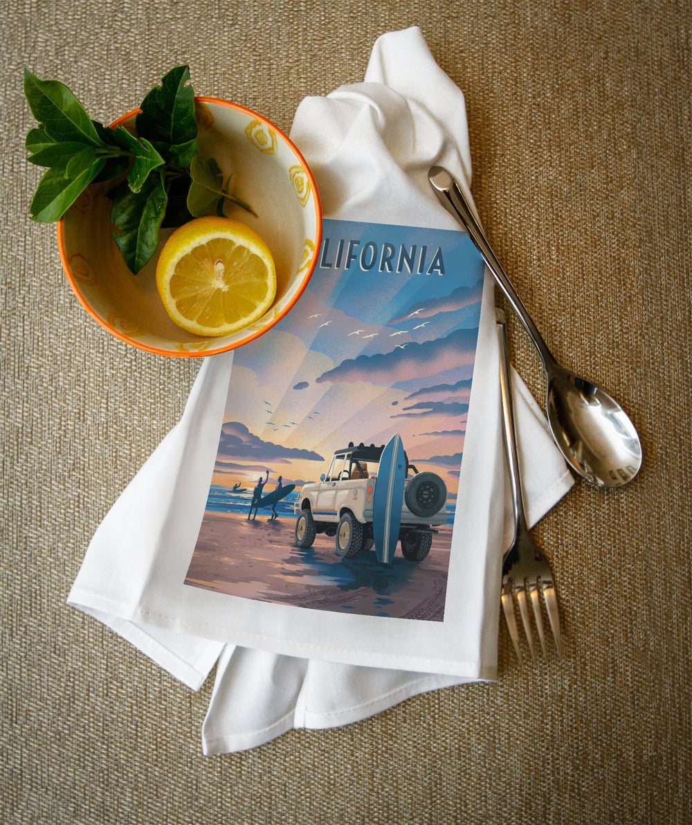 California, Beach Lithograph, Organic Cotton Kitchen Tea Towels - Lantern Press