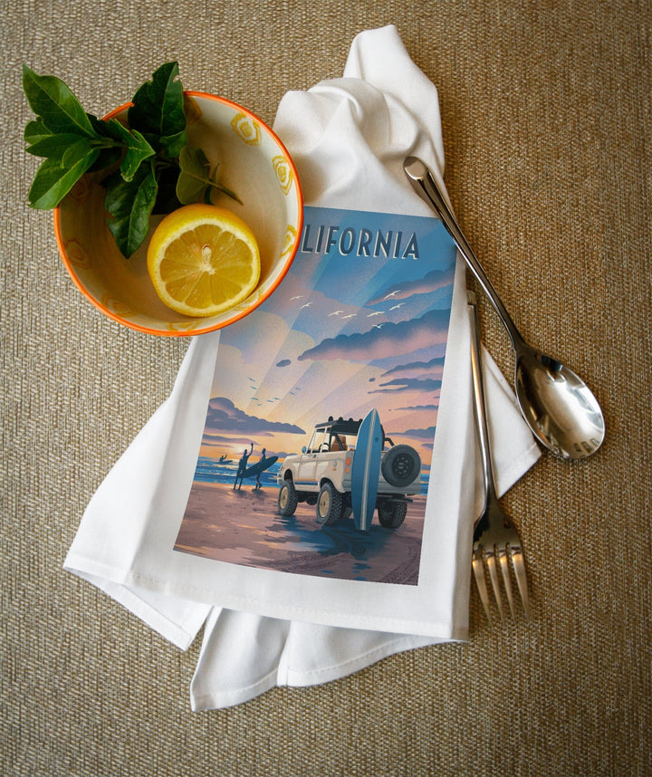 California, Beach Lithograph, Organic Cotton Kitchen Tea Towels - Lantern Press
