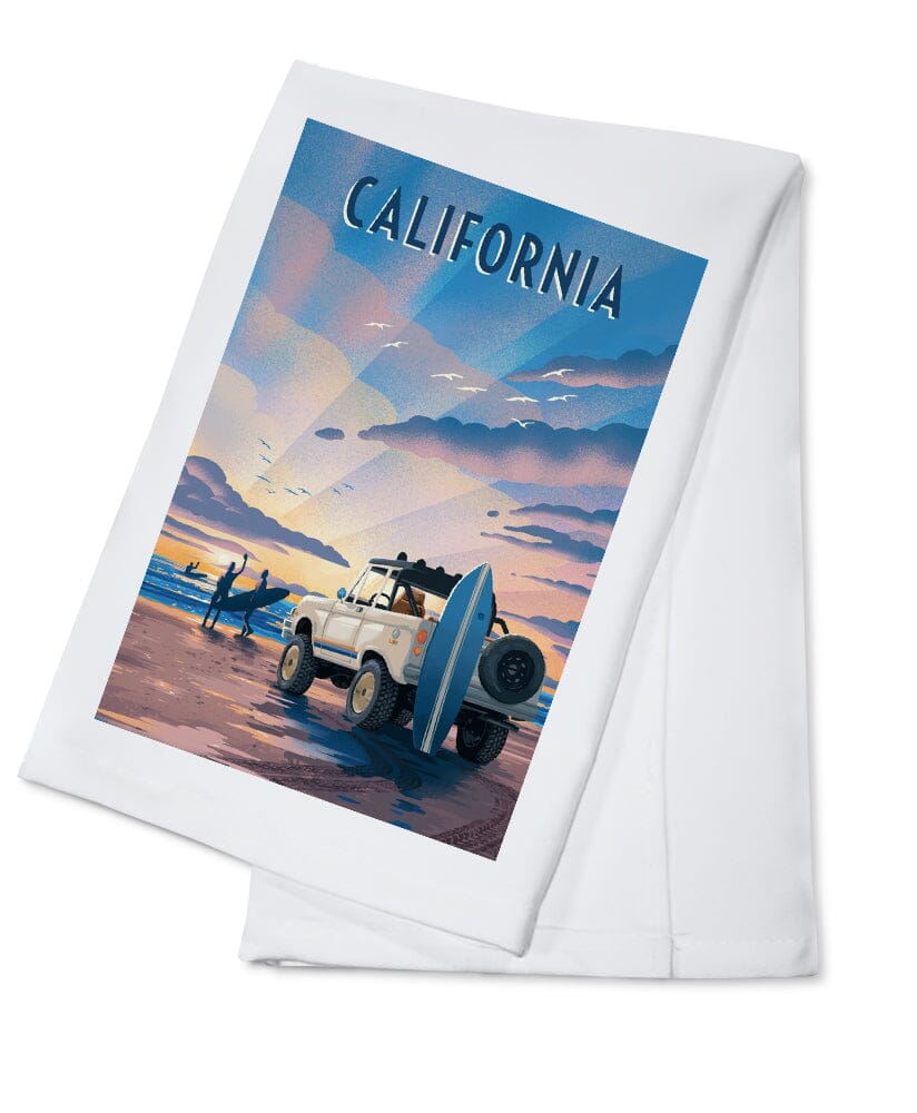 California, Beach Lithograph, Organic Cotton Kitchen Tea Towels - Lantern Press