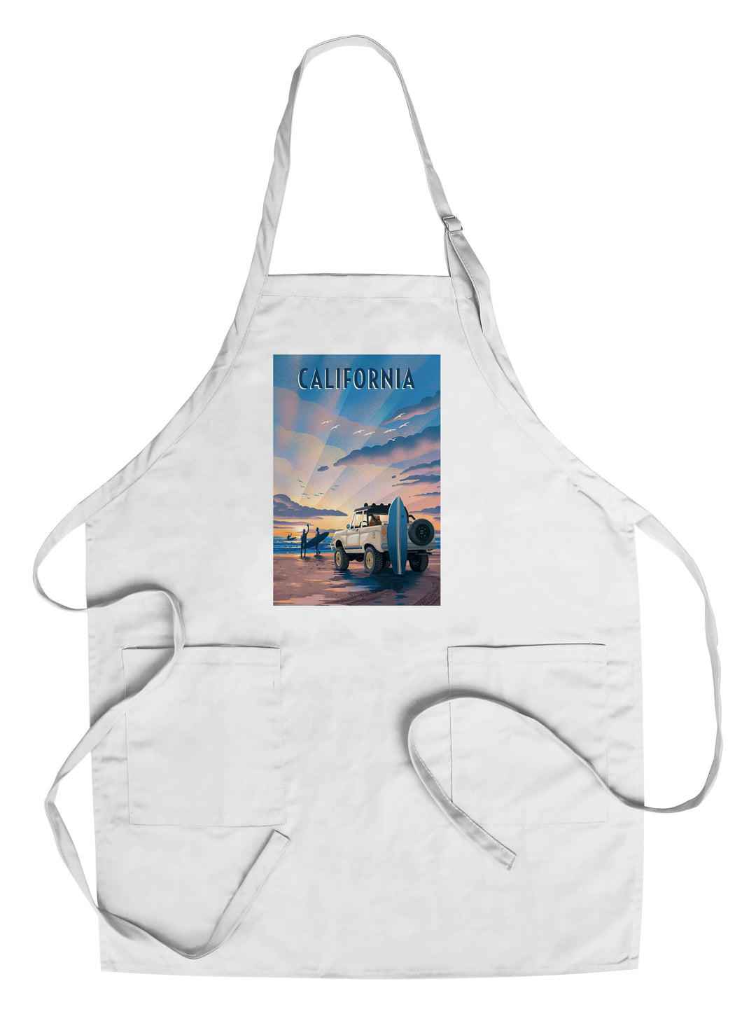 California, Beach Lithograph, Organic Cotton Kitchen Tea Towels - Lantern Press