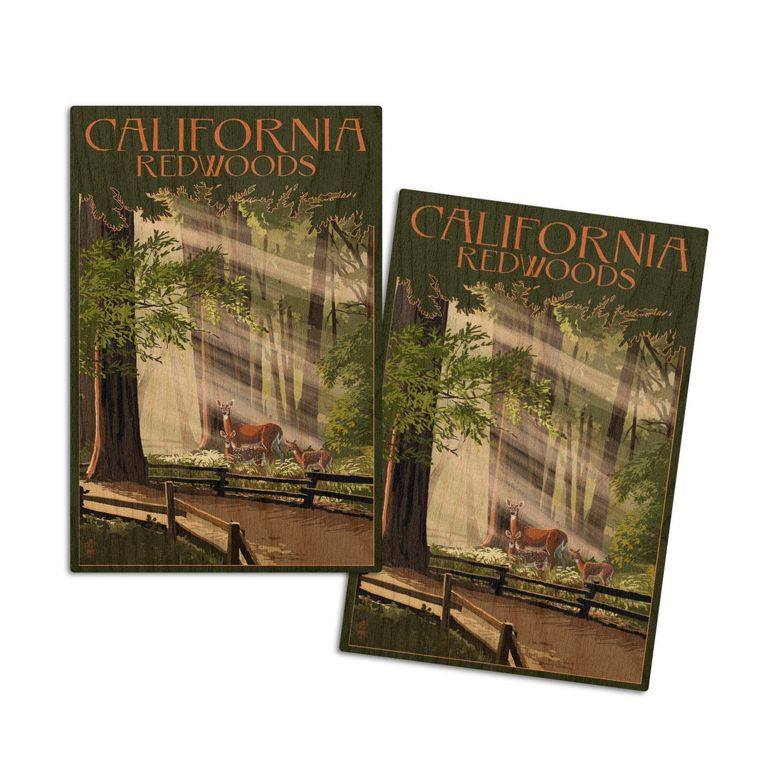 California, Redwoods & Deer, Lantern Press Artwork, Wood Signs and Postcards - Lantern Press