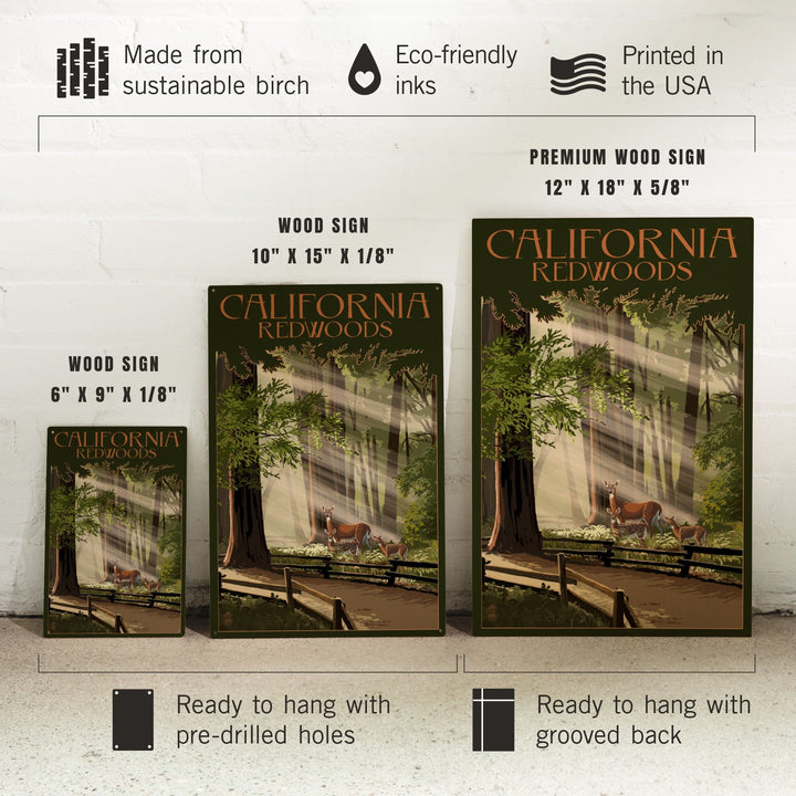 California, Redwoods & Deer, Lantern Press Artwork, Wood Signs and Postcards - Lantern Press