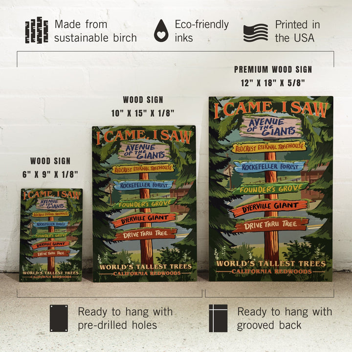 California Redwoods, Destination Signpost, I Came I Saw, Lantern Press Artwork, Wood Signs and Postcards - Lantern Press