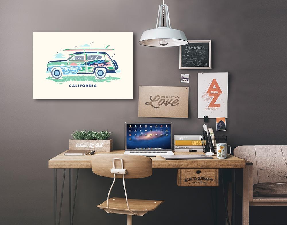 California, Woody sans Palm Tree, Distressed Vector, Lantern Press Artwork, Stretched Canvas - Lantern Press