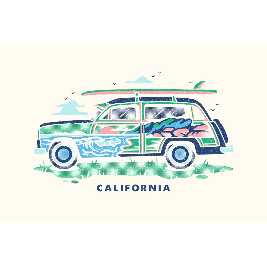 California, Woody sans Palm Tree, Distressed Vector, Lantern Press Artwork, Stretched Canvas - Lantern Press