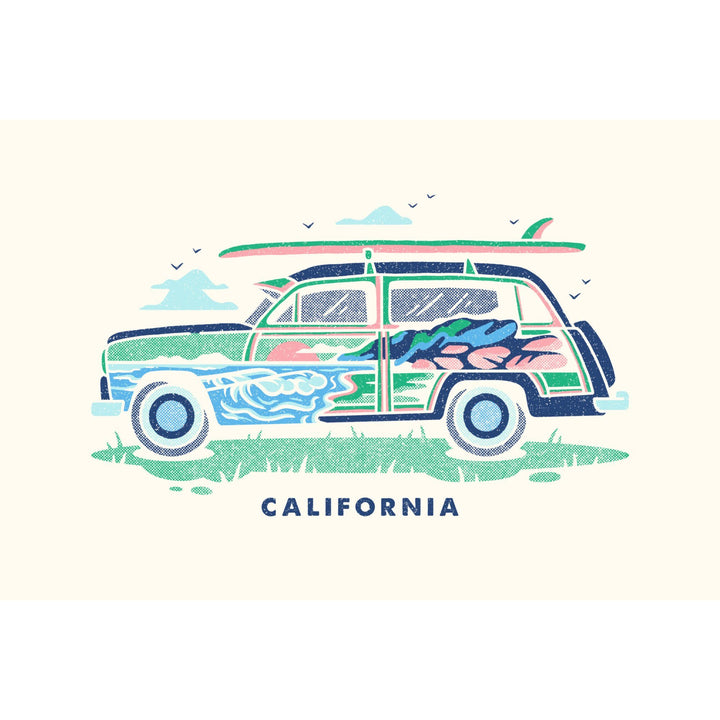 California, Woody sans Palm Tree, Distressed Vector, Lantern Press Artwork, Stretched Canvas - Lantern Press