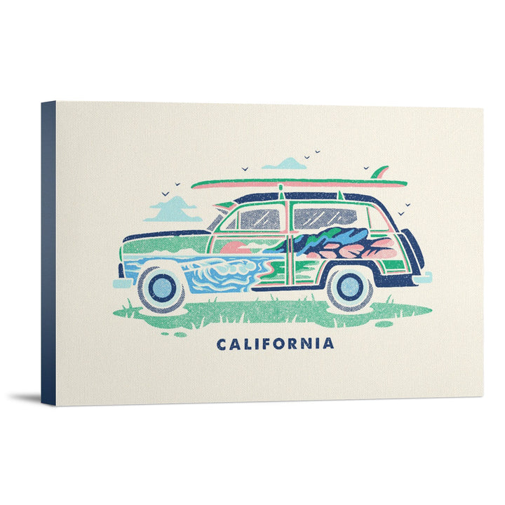 California, Woody sans Palm Tree, Distressed Vector, Lantern Press Artwork, Stretched Canvas - Lantern Press
