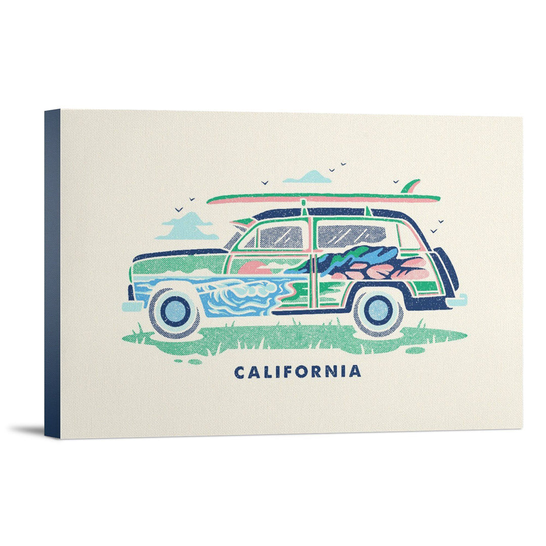 California, Woody sans Palm Tree, Distressed Vector, Lantern Press Artwork, Stretched Canvas - Lantern Press