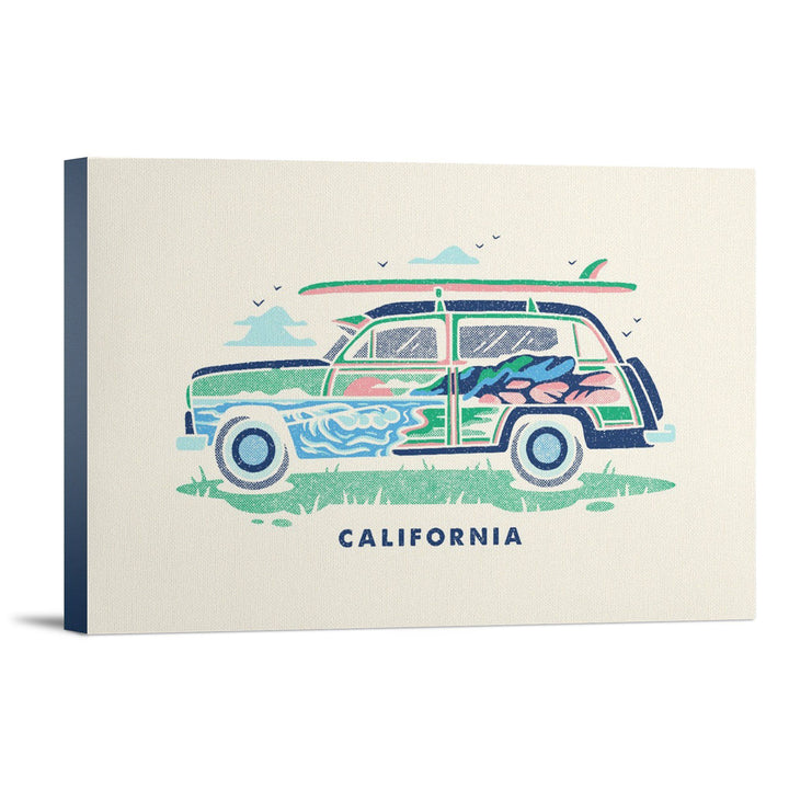 California, Woody sans Palm Tree, Distressed Vector, Lantern Press Artwork, Stretched Canvas - Lantern Press