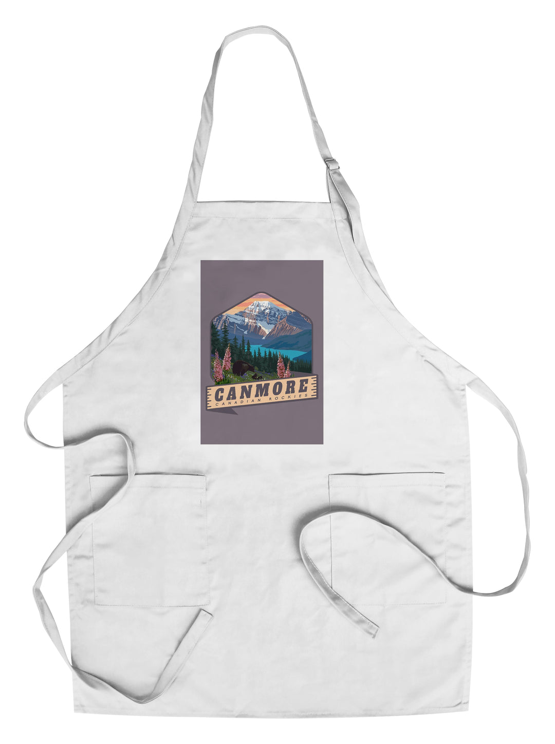 Canmore, Canada, Canadian Rockies, Bear and Spring Flowers, Contour, Organic Cotton Kitchen Tea Towels - Lantern Press