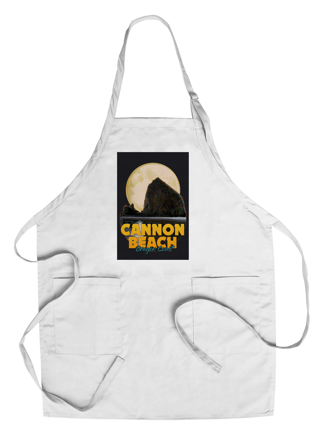 Cannon Beach, Oregon, Haystack Rock and Full Moon, Contour, Organic Cotton Kitchen Tea Towels - Lantern Press