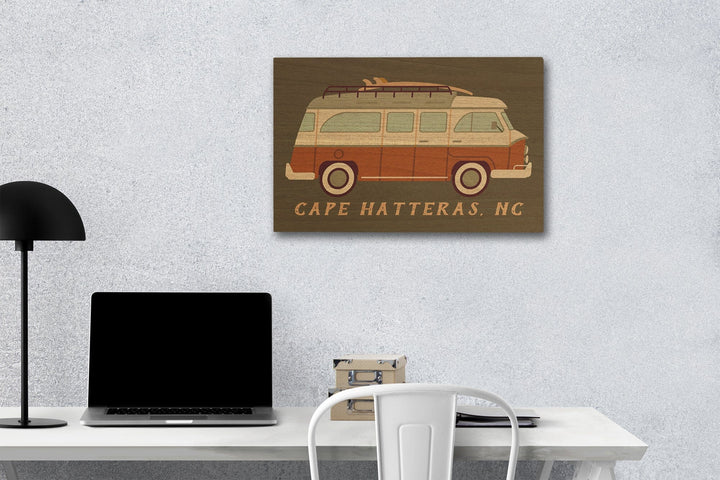 Cape Hatteras, North Carolina, Camper Van with Surfboard, Geometric, Lantern Press Artwork, Wood Signs and Postcards - Lantern Press